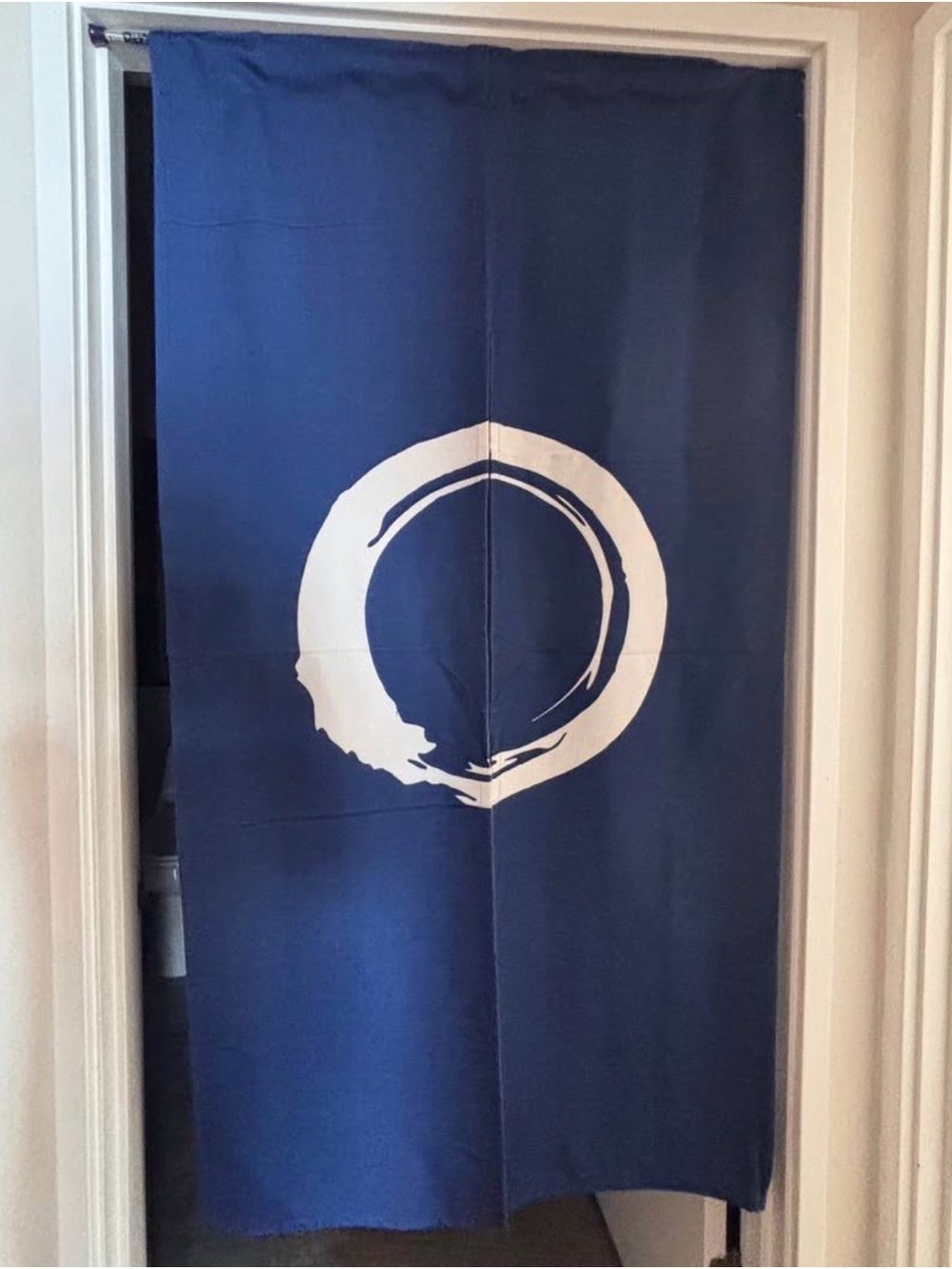 Japanese noren doorway tapestry w/ white Zen Enso circle design